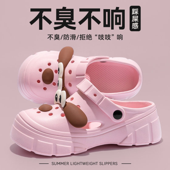 Cute Big-eyed Dog Hole Shoes Women's Summer Outer Wear Non-slip 2025 New Thick-soled Heightened Baotou Beach Sandals