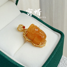 天然老蜜蜡吊坠S925银镶琥珀蜜蜡貔貅单坠高品真货女可出鉴定证书