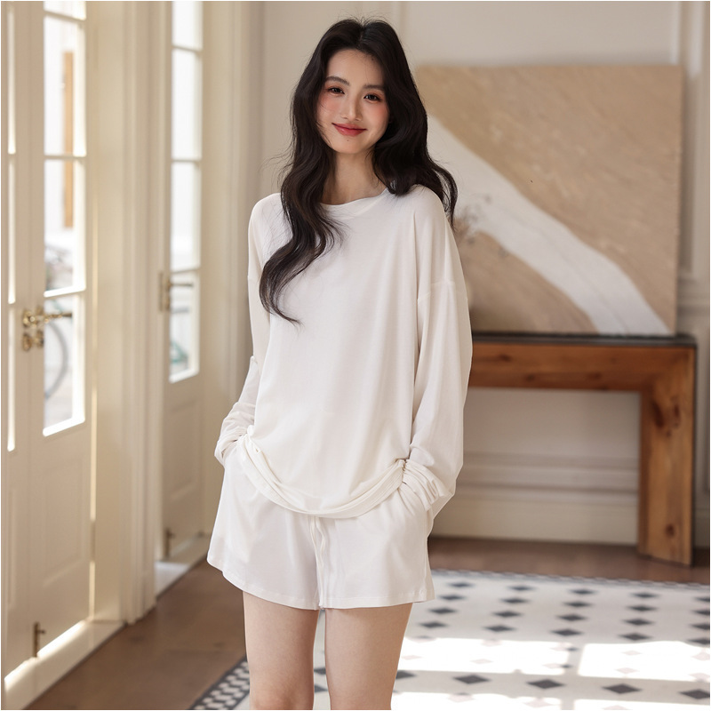 Skims Women's Spring and Summer Modal Cotton Loose Round Neck Casual Long-Sleeved Shorts Set Can Be Worn as Home Clothes