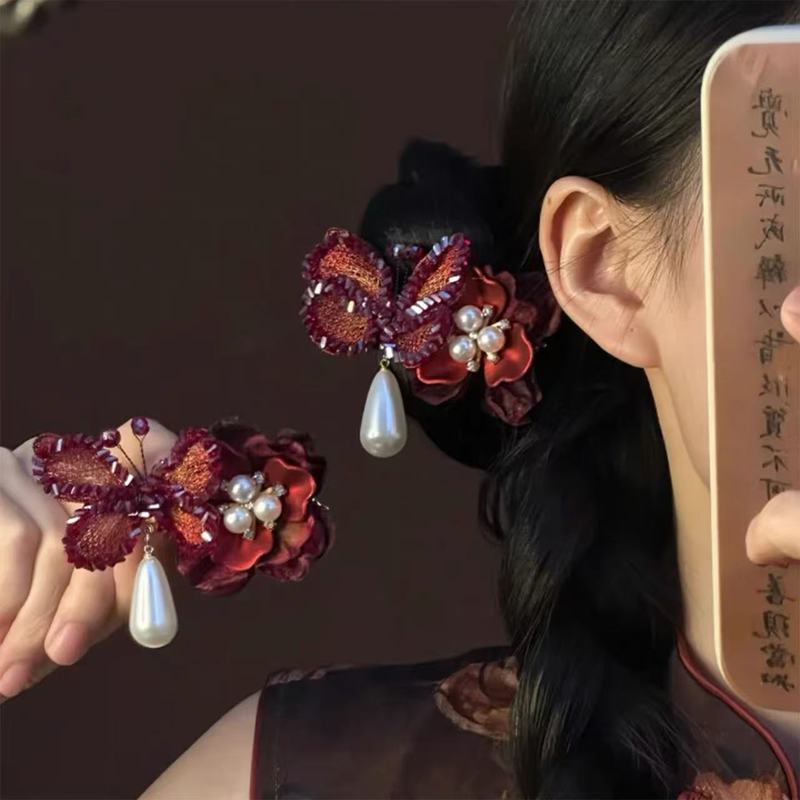 2025原创「蝶沾花绮」新中式红色蝴蝶花朵发夹新娘头饰敬酒服发饰|undefined