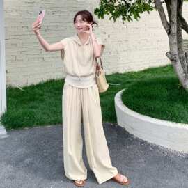 韩系卡其色假两件无袖连帽上衣阔腿裤一整套女夏季2026新款两件套