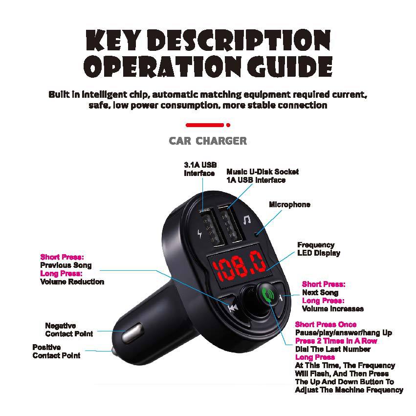 Southeast Asia Cross-Border Independent Station Manufacturer Supply Wireless Car Bluetooth Adapter Hands-Free Call U Disk/Tf Card Broadcast