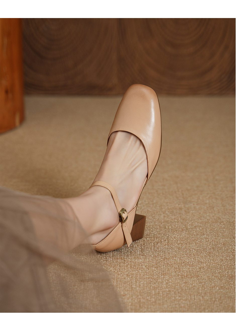 Giày sandal cao gót nữ quai ngang mũi vuông gót 6 cm — Màu hồng chi tiết 4
