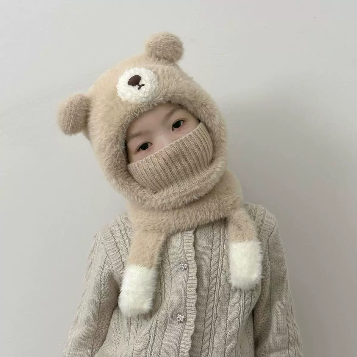 儿童帽子冬季围脖口罩一体帽加绒保暖护耳帽男女童防寒小熊套头帽