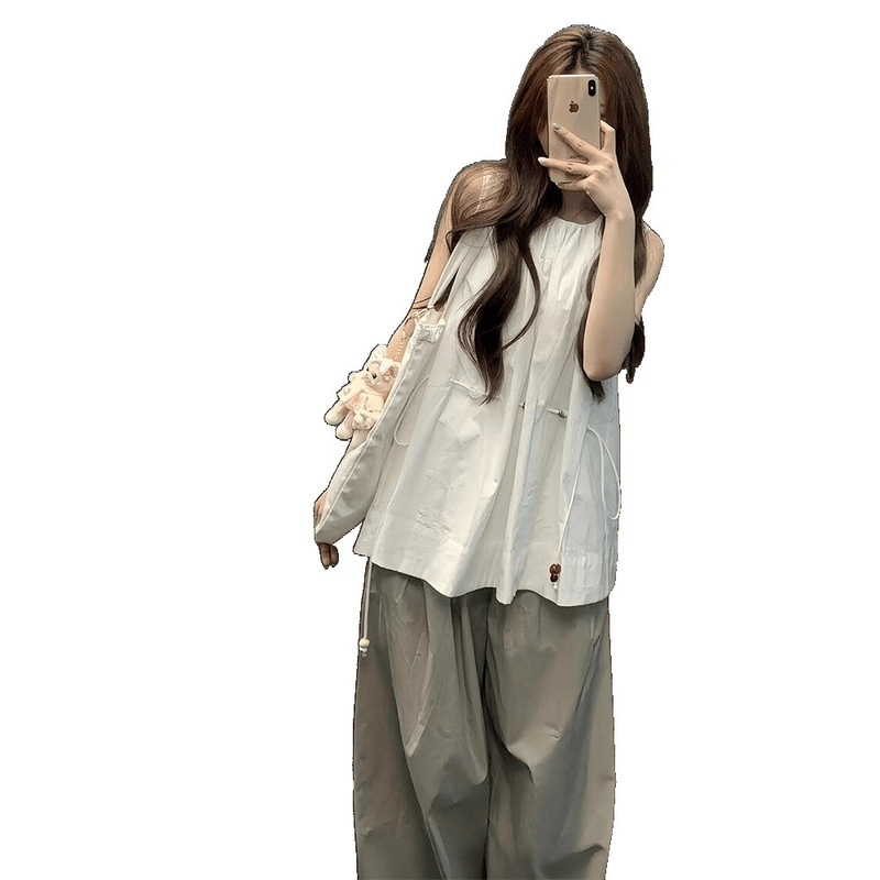 韓国風年齢軽減カジュアルスポーツスーツ女性用夏デザインニッチノースリーブシャツワイドレッグパンツ2点セット|undefined