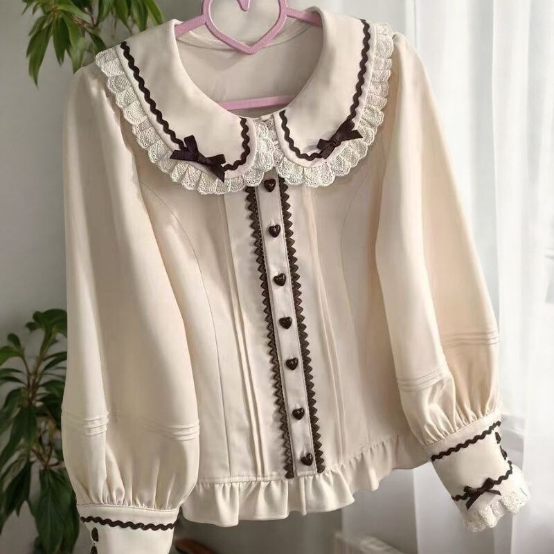 2026 Versatile Lantern Long Sleeve Lolita Doll Cute Japanese Style Shirt with Bow and Lace New Style