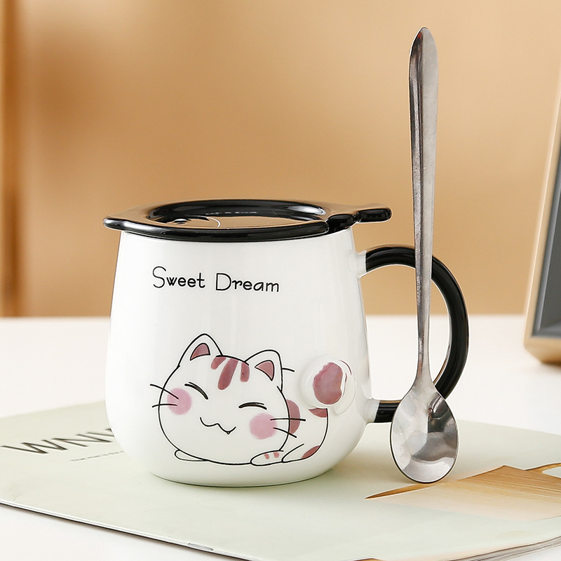 Taza de gato Mark con tapa Cuchara Taza de agua de cerámica Taza de pareja de dibujos animados de cerámica para hombres y mujeres Taza de desayuno de café de oficina