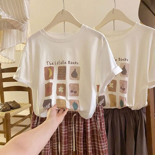 Super Soft Modal! Fruit Pattern Print Simple Short Sleeve T-Shirt for Women Summer Loose Straight Shoulder Youthful Top