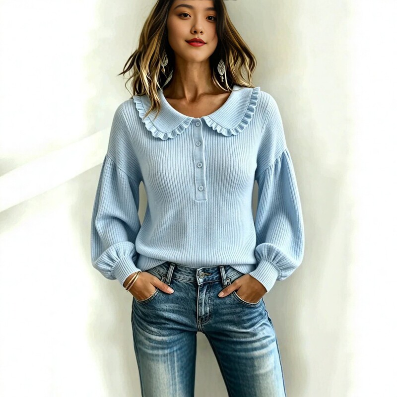 New cross-border ruffled doll collar knit sweater for women, long-sleeved lantern sleeve pullover, autumn and winter gentle style top