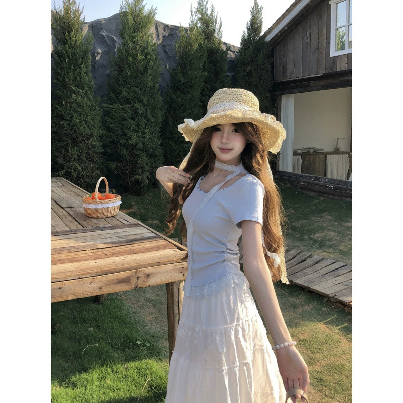Летняя футболка с кружевным дизайном short sleeve, корейский стиль, квадратный вырез