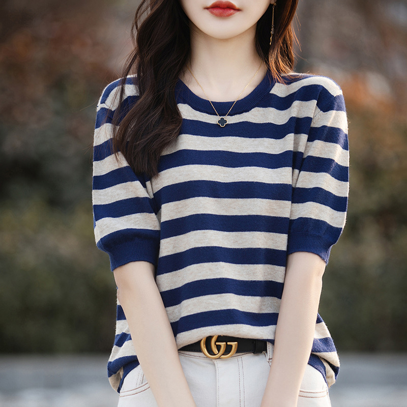2025 Spring New Women's Knitted Sweater Andy Velvet Short Sleeve Women's Sweater Women's Round Neck Striped Bottoming Sweater Women's Wholesale 2025 Spring New Women's Knitted Sweater Andy Velvet Short Sleeve Women's Sweater Women's Round Neck Striped Bottoming Sweater Women's Wholesale