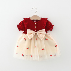 Short-sleeve bow pineapple embroidery mesh dress