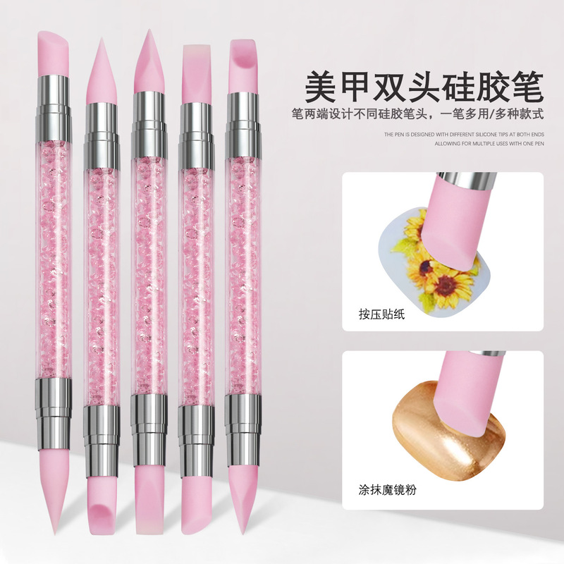 Nail Art Double-Ended Silicone Pen Set of 5 for Hollow Carving and Embossing, with Mirror Powder Applicator and Nail Brush with Rhinestone Handle Nail Art Double-Ended Silicone Pen Set of 5 for Hollow Carving and Embossing, with Mirror Powder Applicator and Nail Brush with Rhinestone Handle