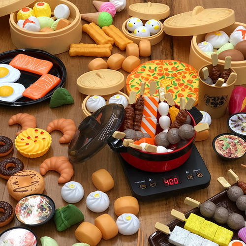 Kids Play Kitchen Toy Realistic Food Breakfast BBQ Hot Pot Skewers Hamburger Baby Cooking Set