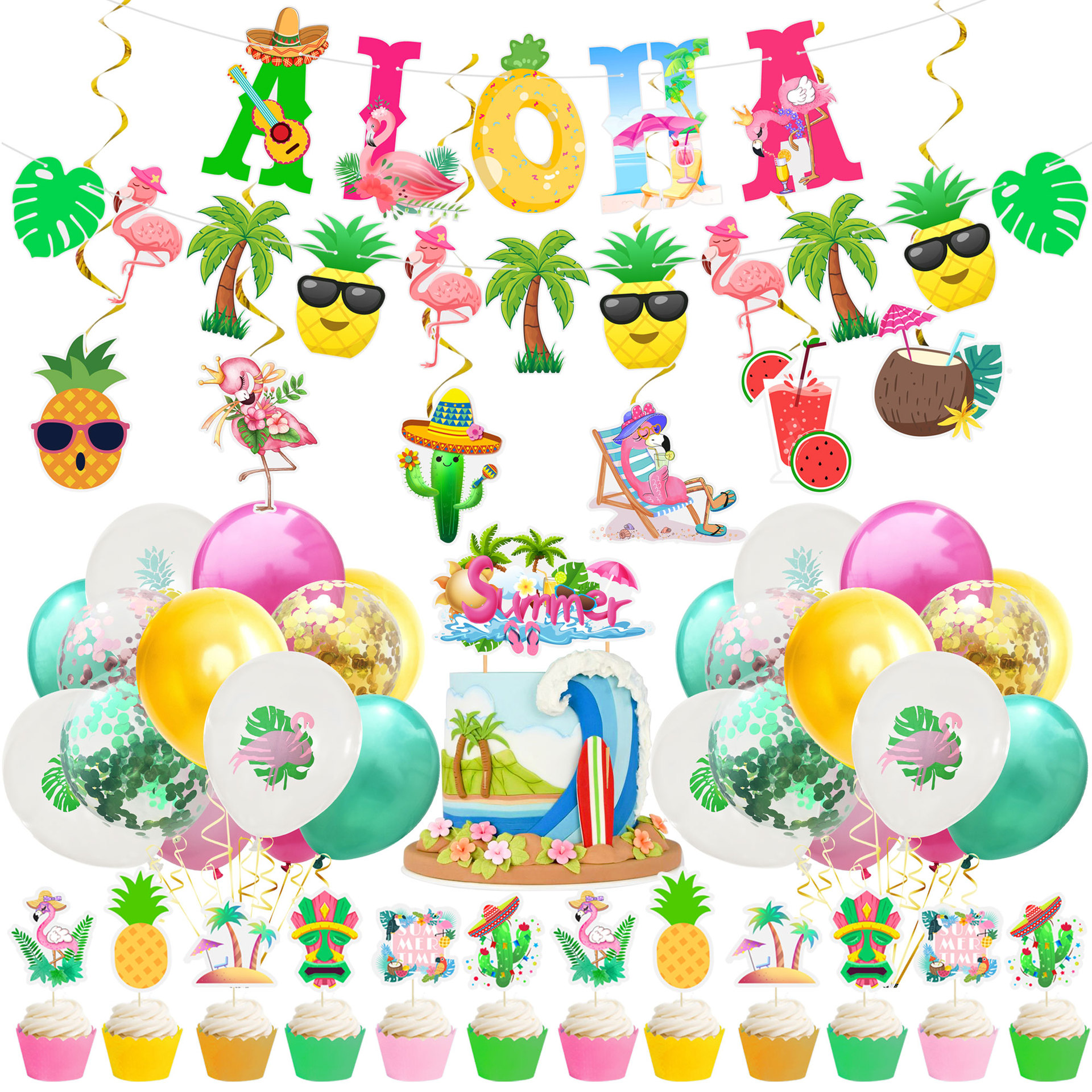 Hawaii theme party decorate Flamingo ALOHA balloon birthday Cake Inserted card decorate suit