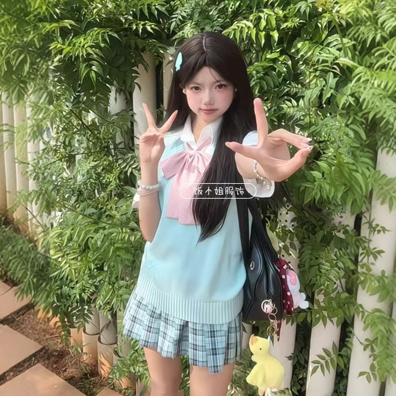 Pine Blue/Mint Green Japanese Style Original Jk Uniform Summer Sweet Style V-Neck Vest Shirt Plaid Skirt Preppy Style Suit
