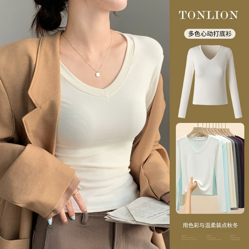 H255 любящий воротник нижняя рубашка носить внутри и снаружи дизайн топ белая футболка с длинными рукавами