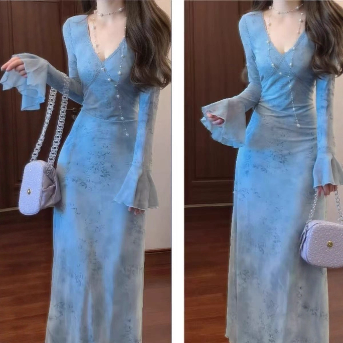 French Gentle Style Blue Tie-Dye V Neck Dress Women's 2025 Spring New Slim Slim Long Skirt