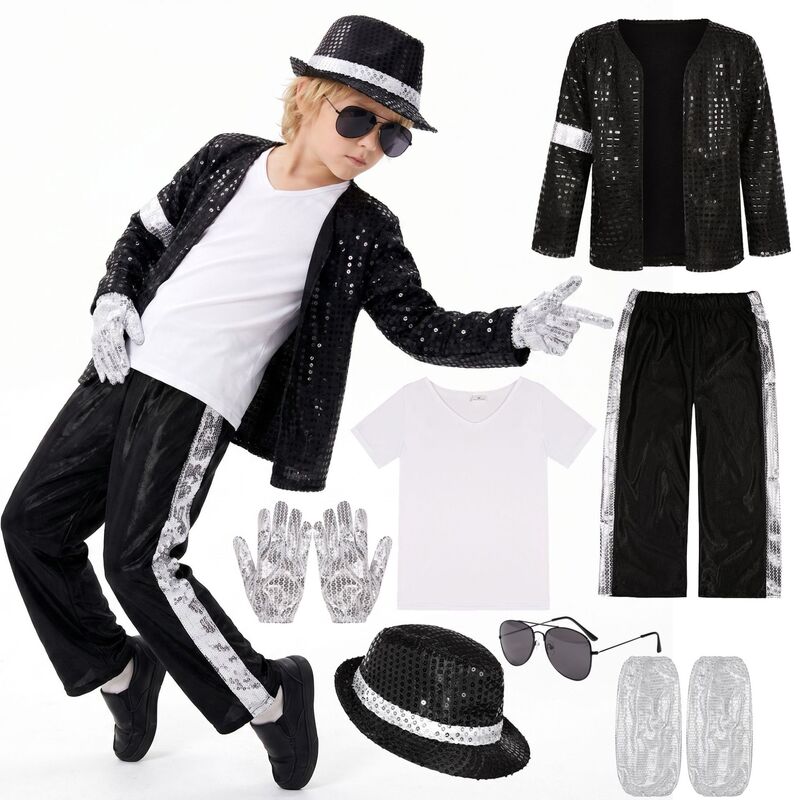 Children's Michael Jackson Performance Costume Set Sequined Performance Costume Halloween Stage Costume for Boys Children's Michael Jackson Performance Costume Set Sequined Performance Costume Halloween Stage Costume for Boys