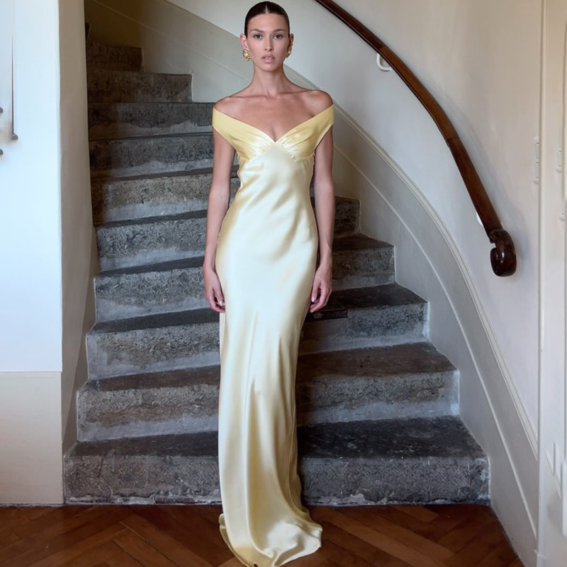 In-Stock 2025 New Foreign Trade European and American Style Elegant Sexy Backless Dress Strapless Off-Shoulder Fashion Dress