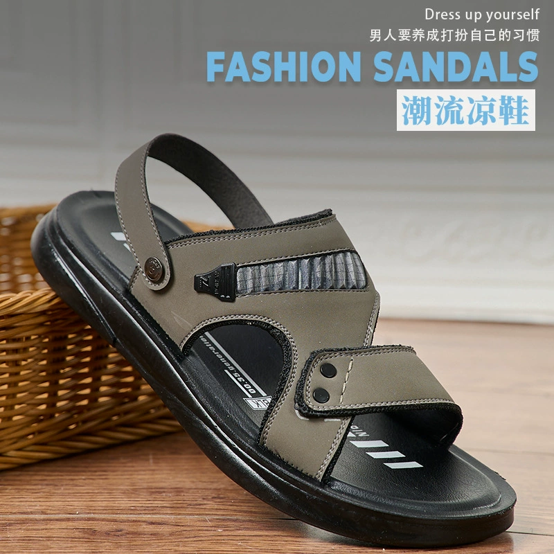 Трансграничные новые летние мужские сандалии, удобные универсальные тапочки на плоской подошве, дышащие повседневные пляжные сандалии двойного назначения