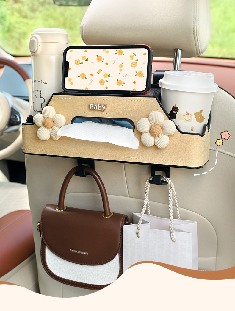 Car Tissue Box Car Seat Back Multi-Functional Storage Box Cartoon Cute Rear Storage Rack Water Cup Holder for Women