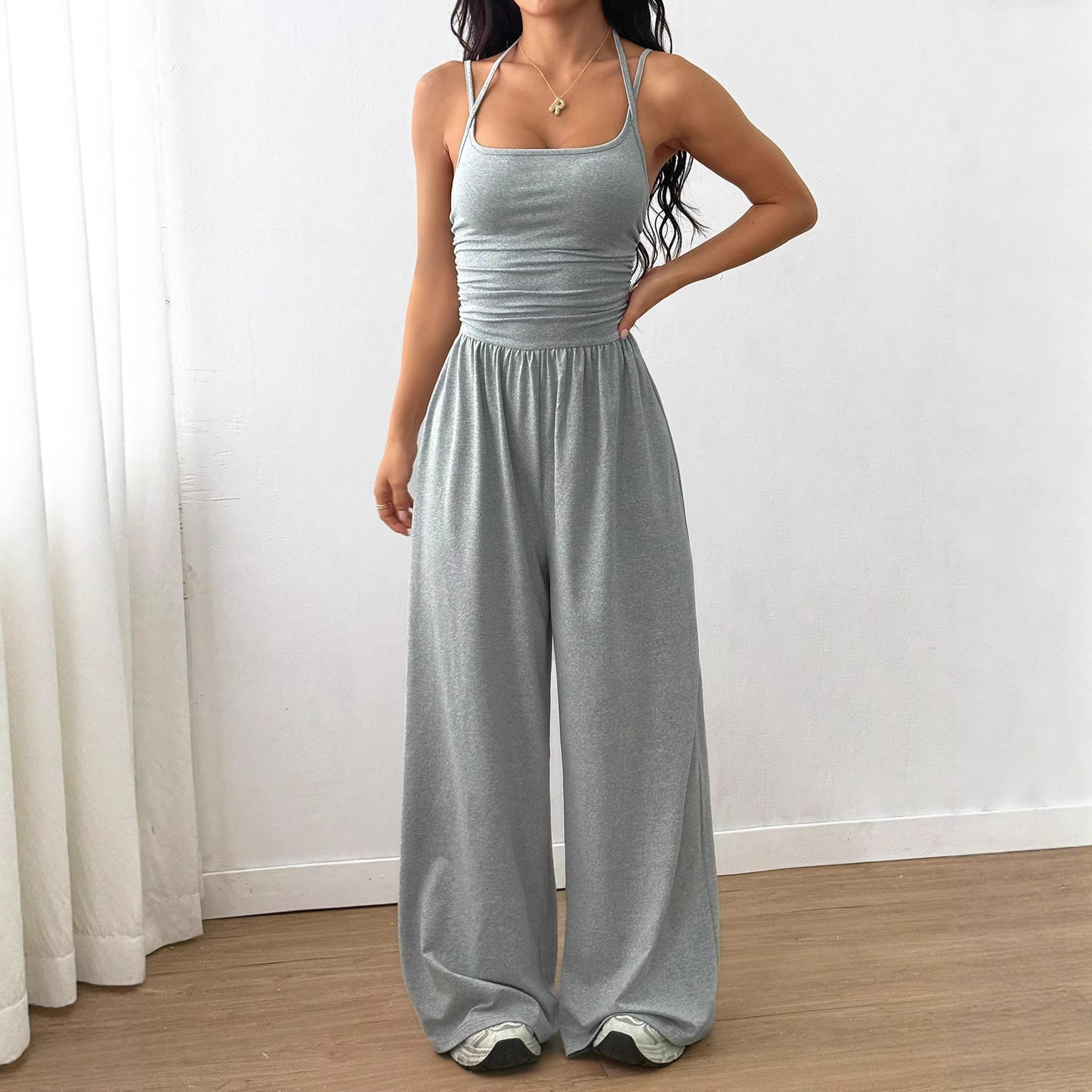 2026 New Amazon European and American Cross-border Solid Color Camisole Women's Casual Bandeau Jumpsuit Summer Wide Leg Loose Fit