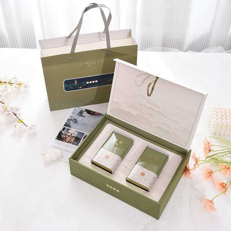 高档商务送礼明前龙井茶叶礼盒翻盖红茶包装盒绿茶密封罐礼品盒