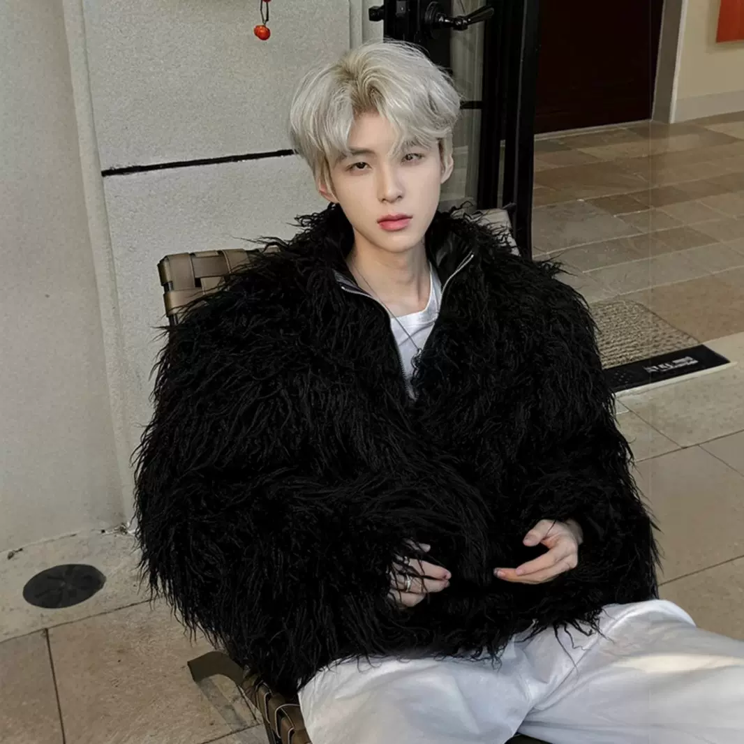 重磅仿貂绒外套男美式高街纯色中古波纹长毛皮革棉服秋冬保暖棉袄