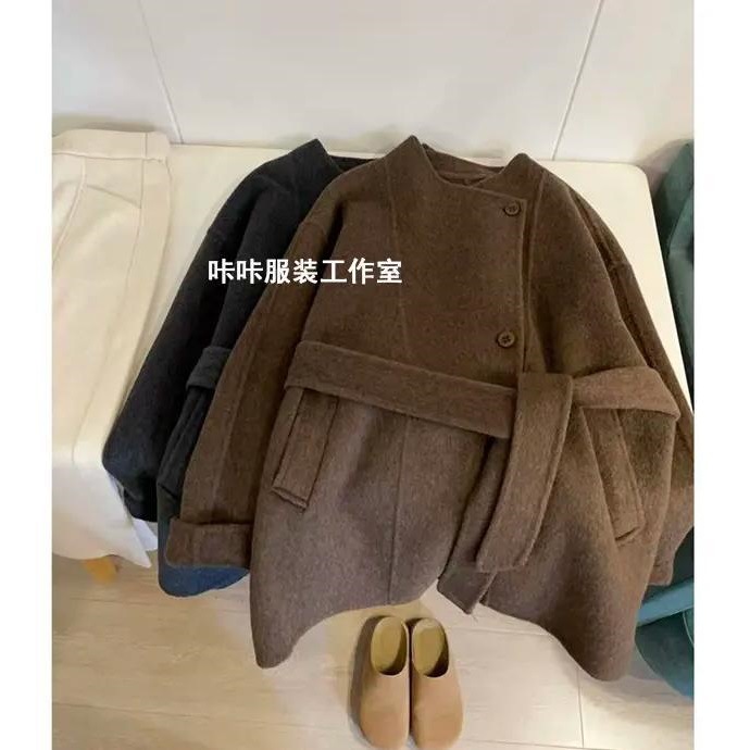 “路遥”绵羊毛韩版复古时尚气质款腰带设计感大衣外套2025新款潮