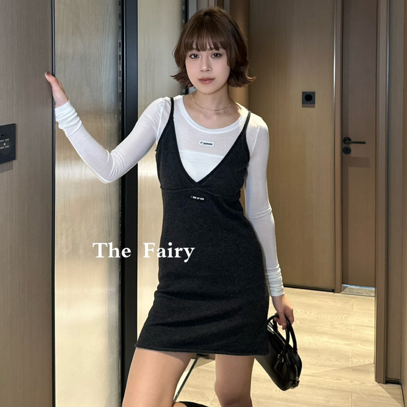 Original Miu Base Shirt + Dress Set, Popular Sexy Suspender Dress Two-Piece Set, V-Neck Layered Suspender Dress for Women
