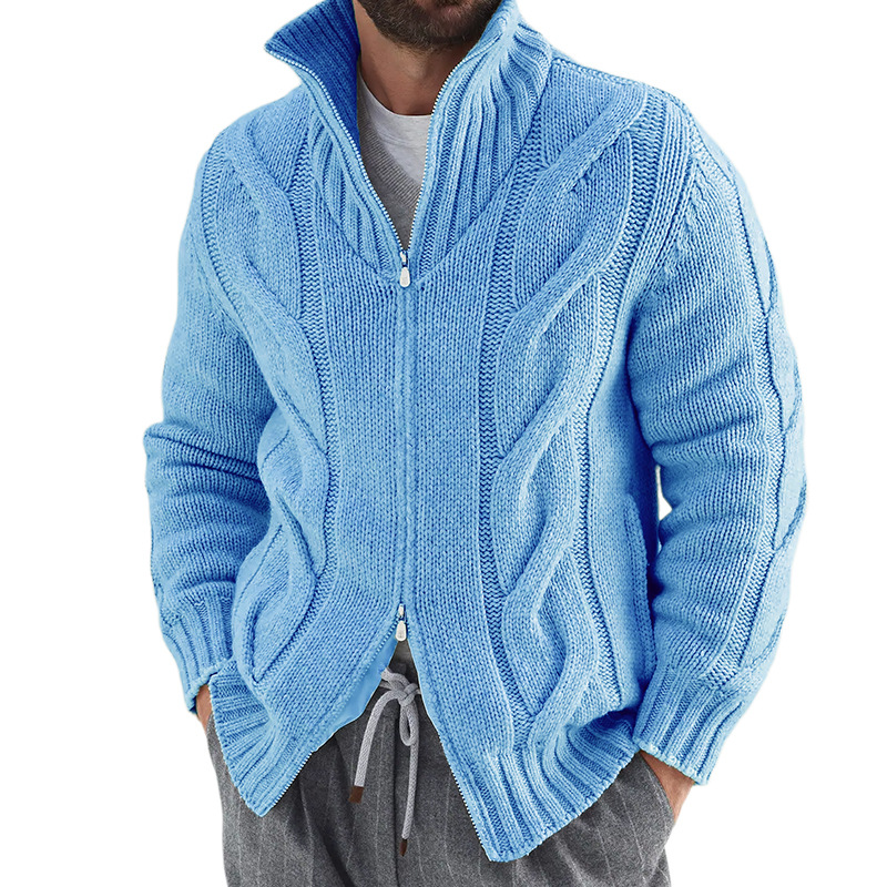 2025 Autumn Winter New High Collar Sweater Cardigan European American Style Cable Zipper Long Sleeve Knitted Jacket_voghion.com