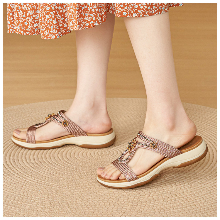 Dép sandal nữ quai chữ V đế xuồng thêu điện bohemian — Champagne màu, màu đen, màu hồng chi tiết 11
