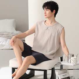 春夏新款纯棉纱布男士背心短裤套头睡衣简约休闲男家居服