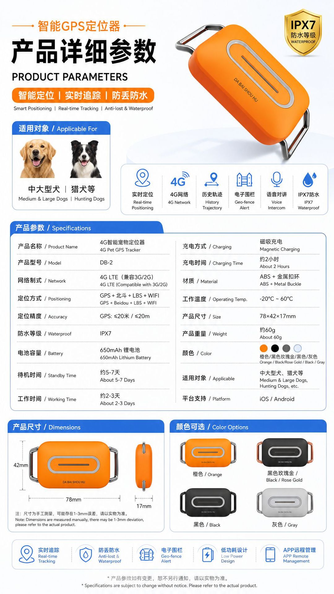 Smart GPS tracker for pets, anti-lost 4G tracker for medium and large dogs, waterproof collar tracker