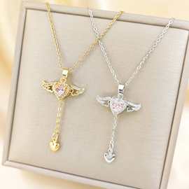 直播货源新款丘比特天使之翼爱心项链女会动小翅膀流苏吊坠锁骨链