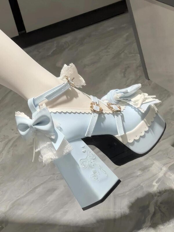 Cute Bow Lace Trim Sweet Girly Lolita Mary Jane High-Heeled Platform Shoes