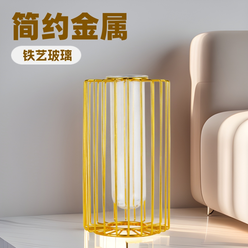 Fábrica al por mayor chapado en oro florero de vidrio de hierro flor seca hidropónico planta verde floral decoración de escritorio decoración suave
