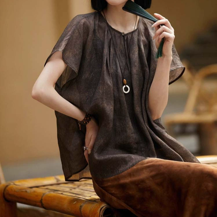 Буддийская одежда в стиле ню, легкая как крылья цикады, круглый вырез, короткий рукав, женская рубашка, новинка лета 2025 года