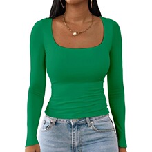 O 81617 Women Long Sleeve Tops Square Neck Slim Fit���I����