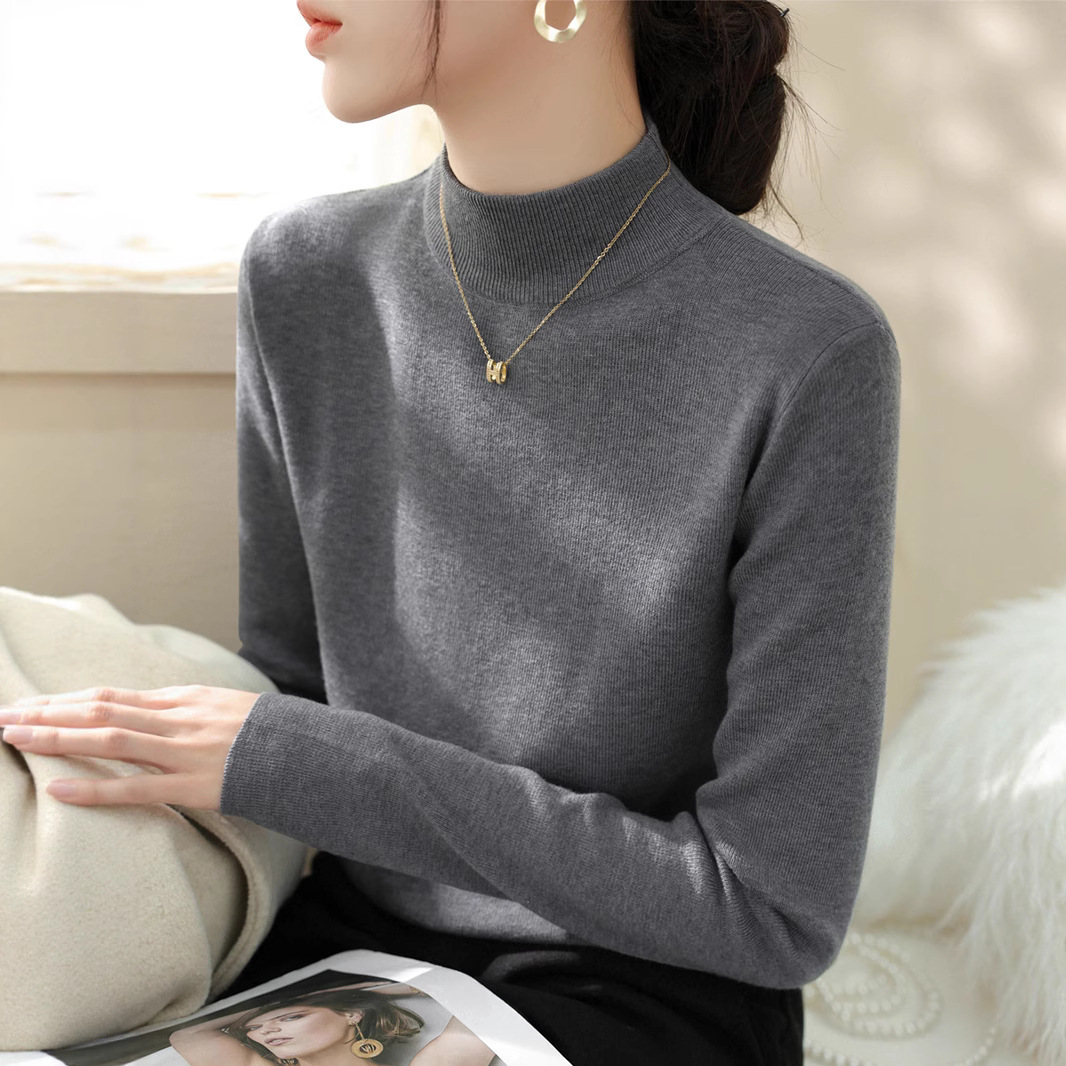 大码法式灰色半高领内搭针织衫女装秋冬新款高级长袖打底上衣胖mm