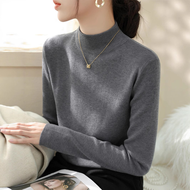 Plus Size French Gray Half Turtleneck Inner Knitwear Women's Autumn and Winter New High-Bottom Long-Sleeved Bottoming Top for Fat mm