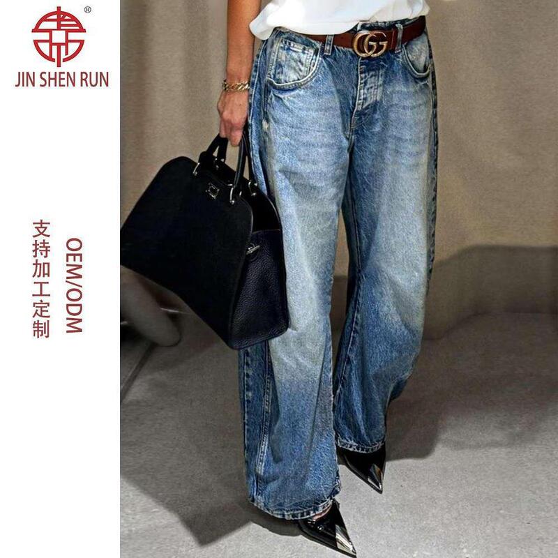 Cross-Border Temu Foreign Trade 2025 New Cross-Border Temu Women's Clothing Nostalgic Style Washed Denim Wide-Leg Jeans