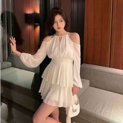 フレンチフェアリーアプリコット長袖ドレスウエスト痩身オフショルダースーパーフェアリーフリルケーキスカート