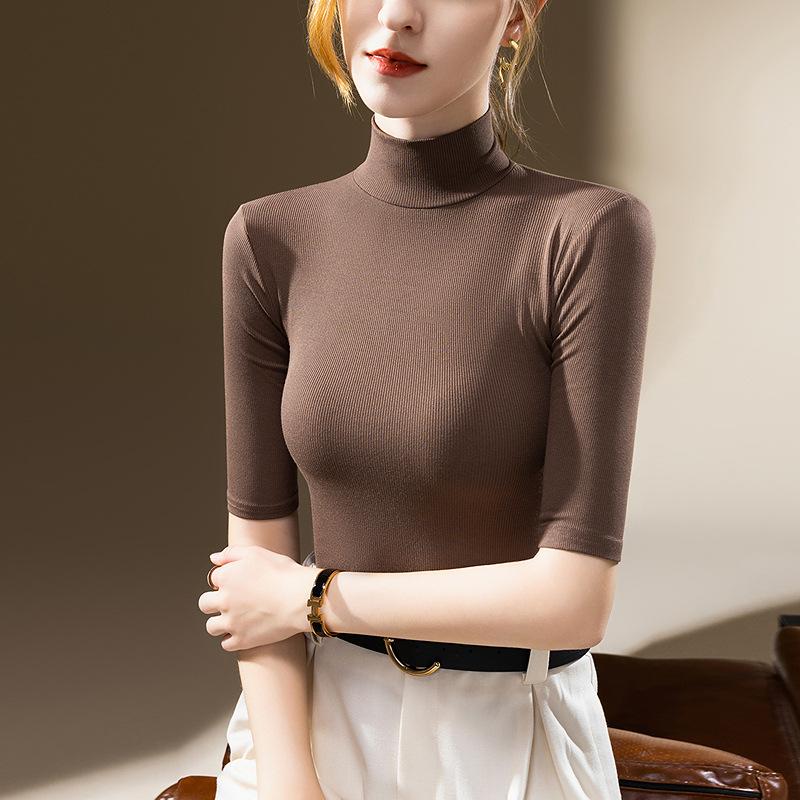 높은 칼라 중간 소매 티셔츠 여성의 2025 봄 여성의 얇은 스트레치베이스 셔츠 우아한 슬림 최고 고급 감각