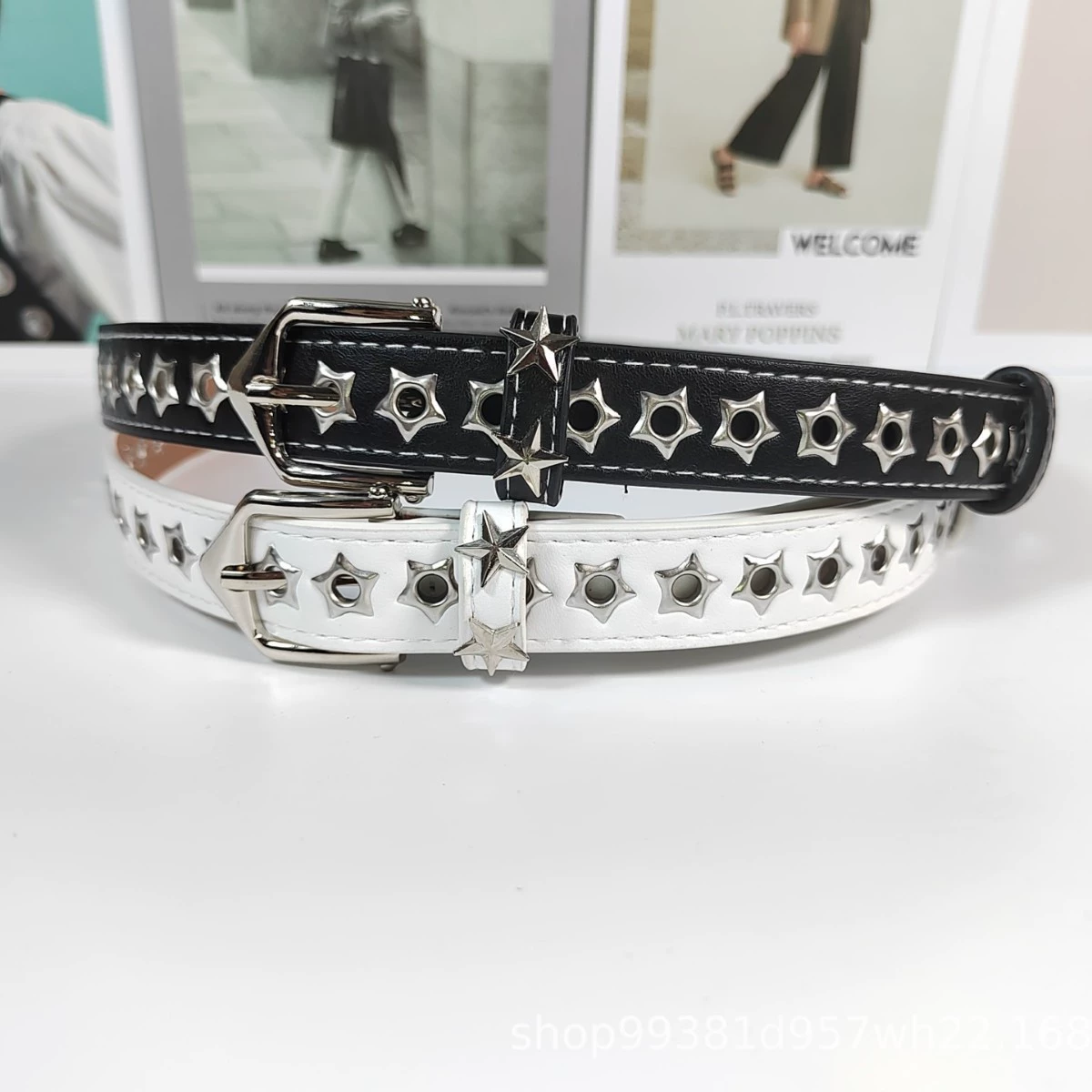Женский кожаный ремень со звездами, женский джинсовый полый модный тонкий ремень, поясной ремень с пряжкой без перфорации для женщин.
