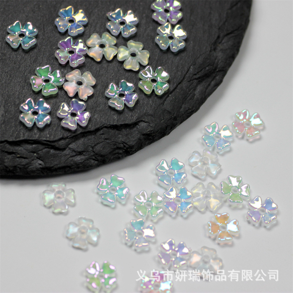 H33亚克力镀彩花朵 UV电镀不掉色四瓣花7mm果冻白极光色DIY美甲饰