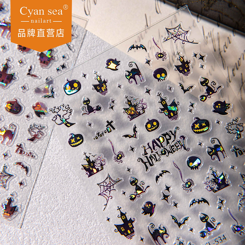 Cyansea Cross-Border Popular Dark Halloween Pumpkin Bat Cross Spider Web Nail Decoration Stickers DIY