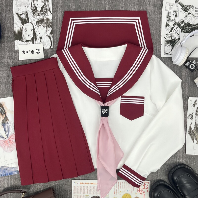Basic Sweet Girl Style Red-Collar White Three-Striped Sailor Uniform Japanese School Style Girl Jk Uniform Pleated Short Skirt Set