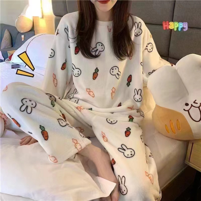 Otoño y invierno pijama de mujer punto pequeño conejo flanel engrosado dulce dibujos animados casuales manga larga cálida coral conjunto de terciopelo